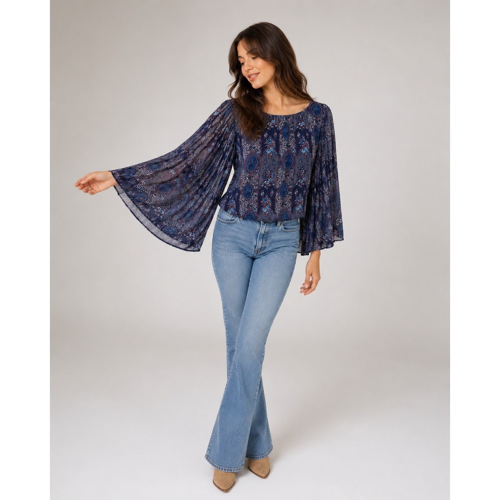 Fire Los Angeles Navy Boho Floral Pleated Sleeve Blouse L Sheer Indie Romantic